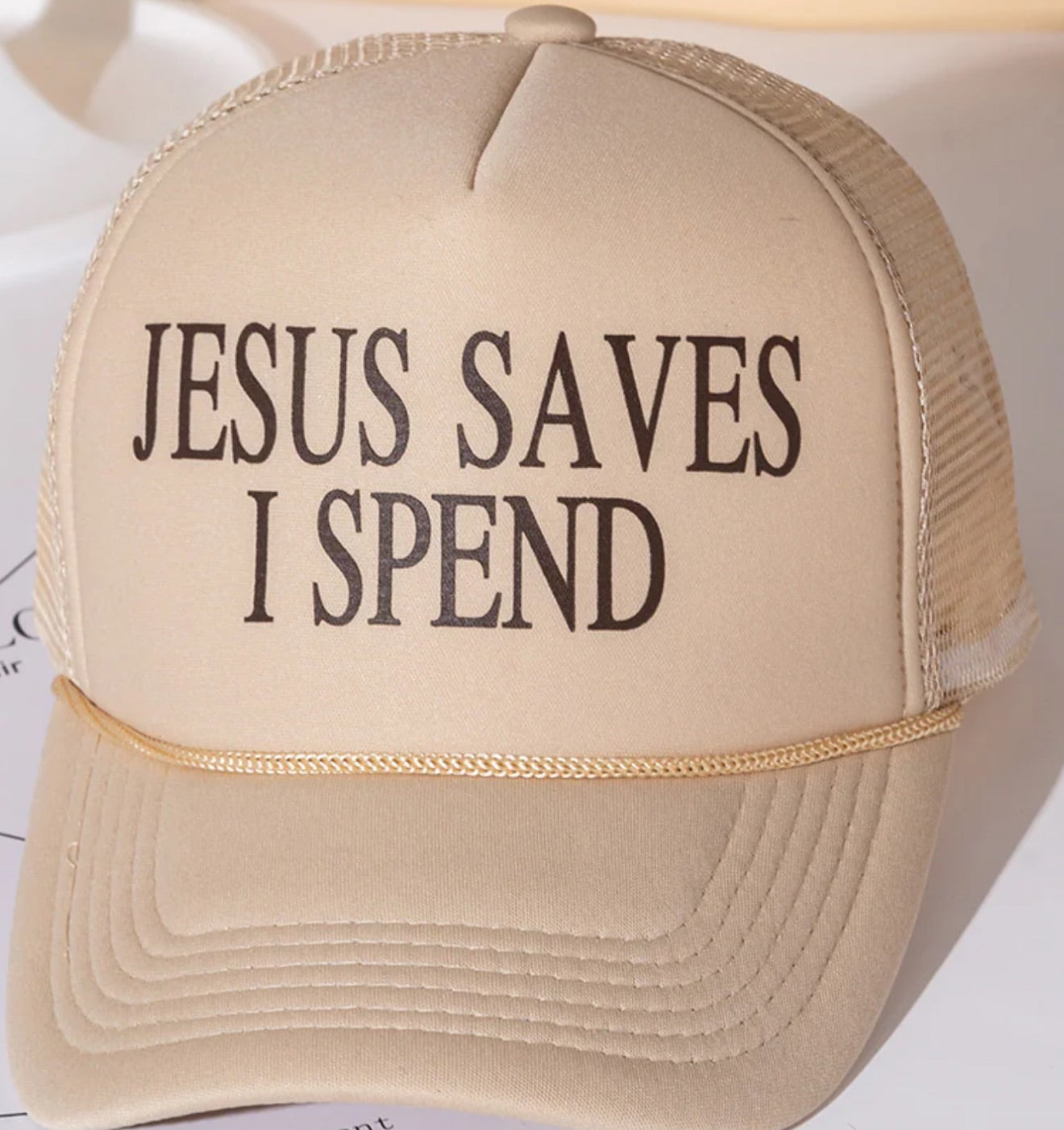 Jesus Saves I Spend  Brown Embroidered Trucker hat