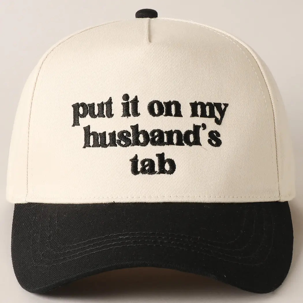 Put It On My Husbands Tab Black Embroidered Trucker hat